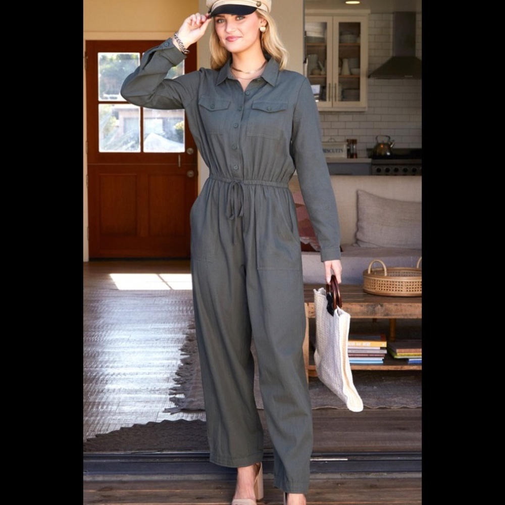Olive cotton utility button down jumpsuit.